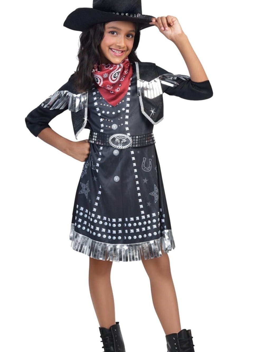 Punky Cowgirl Costume L (10/12) Black/Silver 4pc